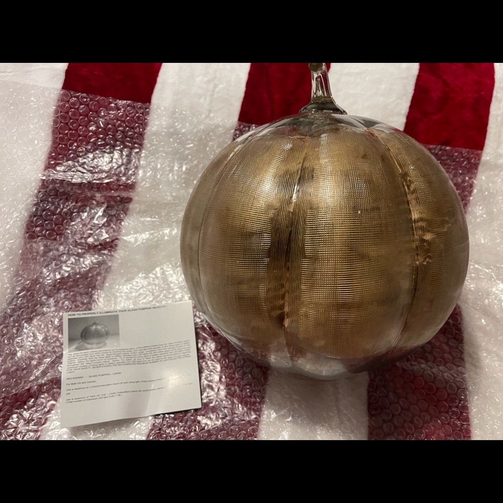 New Pottery Barn Linen Glass Pumpkin Cloche Decor, Gold -Large